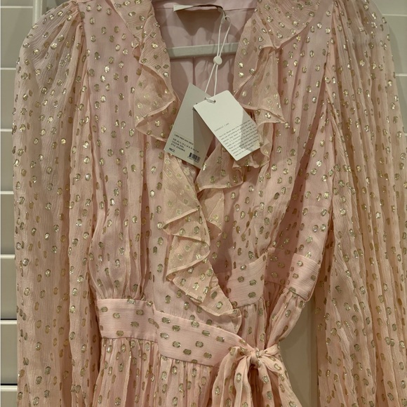 ZIMMERMANN Pink Gold Foil Ruffle Wrap Silk Mini Dress - Long Sleeve Size 0 - NWT - Picture 10 of 16